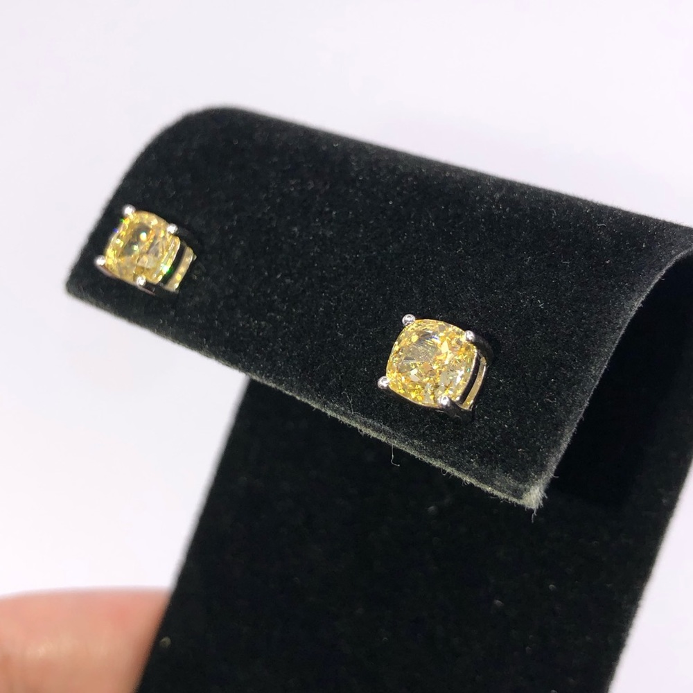 2ct Canary Cushion Cut Studs - Picture 9 of 15